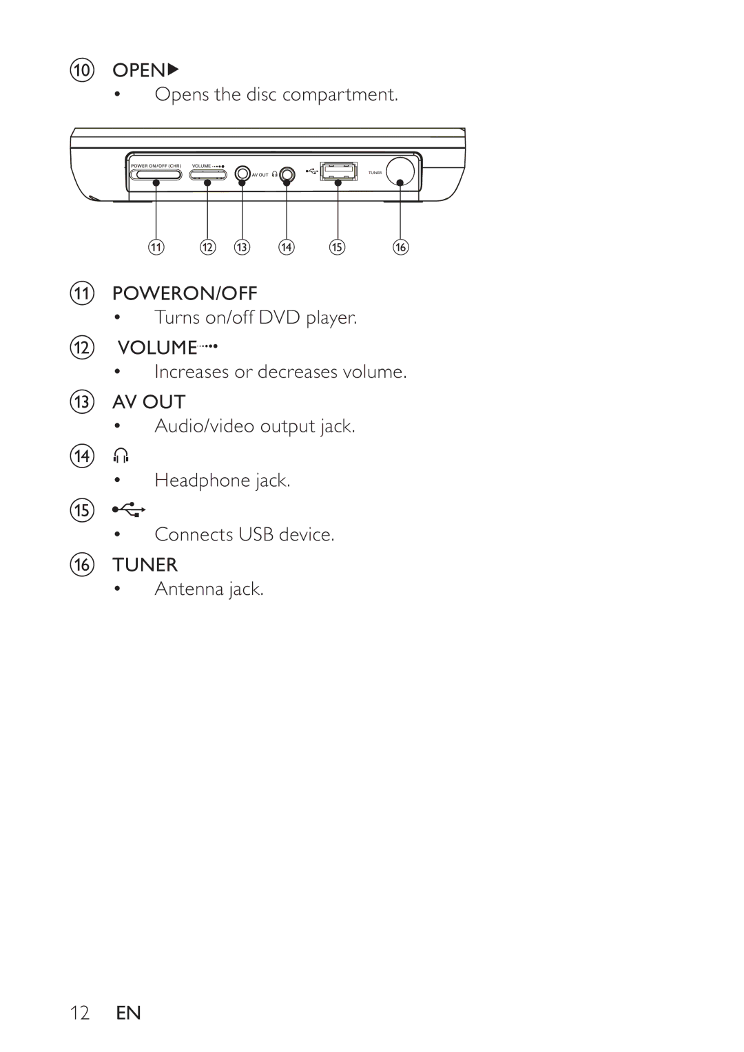 Philips PET748/58 user manual Open Opens the disc compartment 