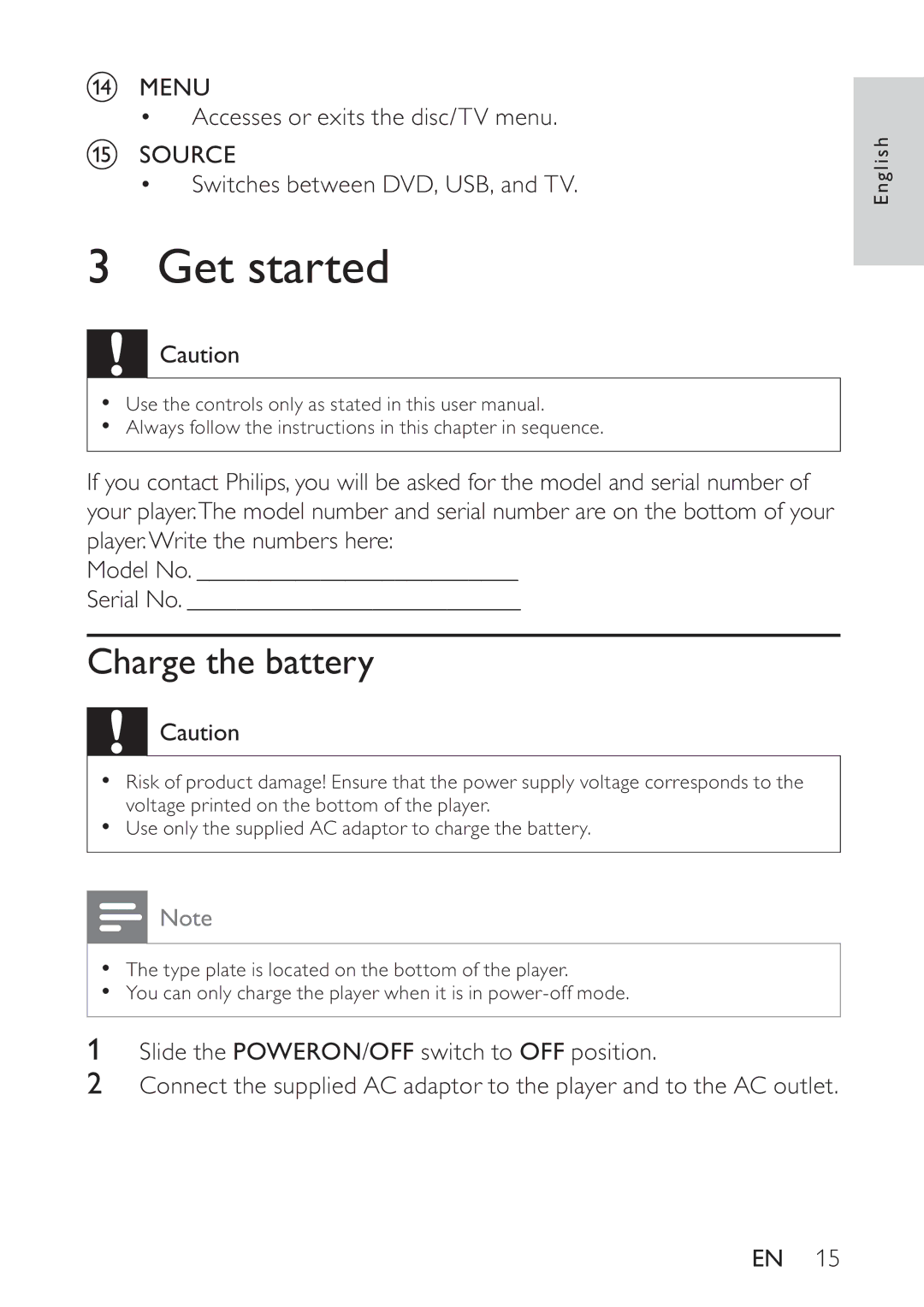 Philips PET748/58 user manual Get started, Charge the battery 