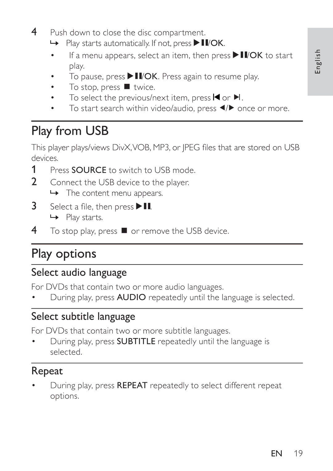 Philips PET748/58 user manual Play from USB, Play options, Select audio language, Select subtitle language, Repeat 