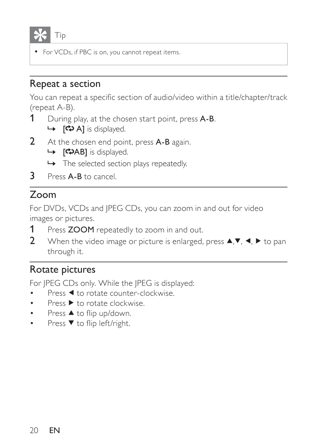 Philips PET748/58 user manual Repeat a section, Zoom, Rotate pictures 