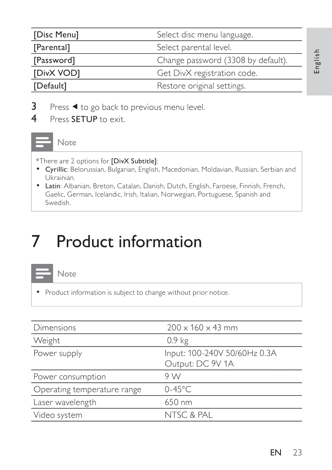 Philips PET748/58 user manual Product information, Ntsc & PAL 