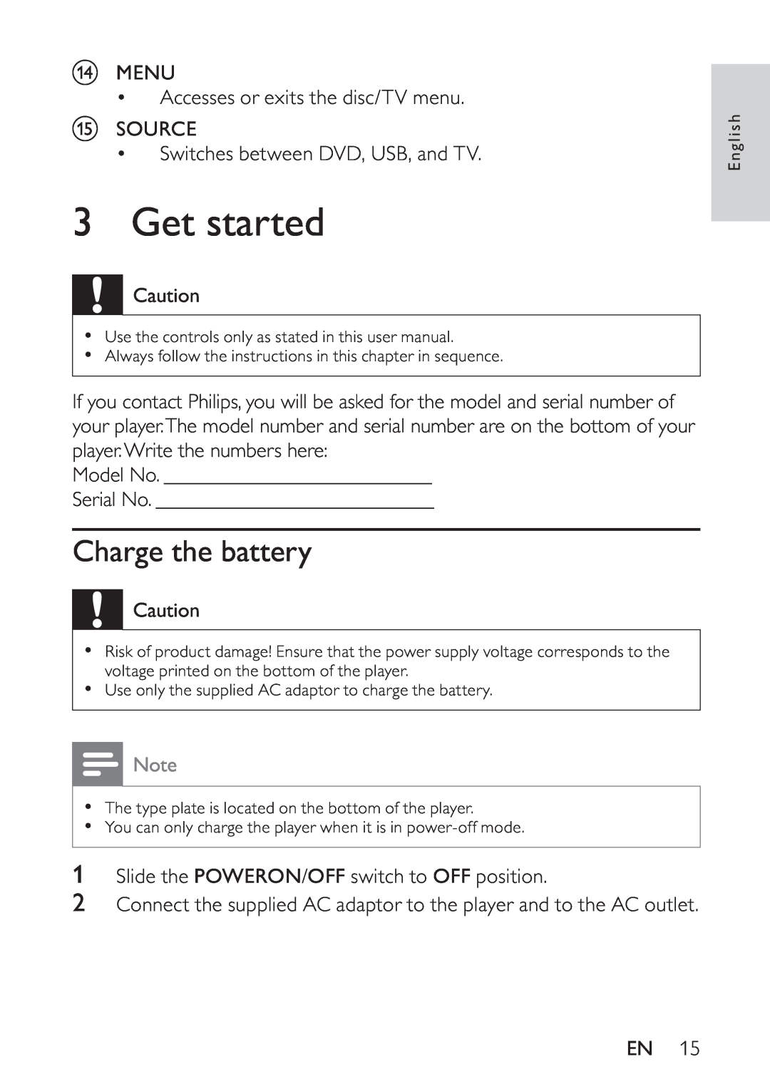 Philips PET748/58 user manual Get started, Charge the battery 