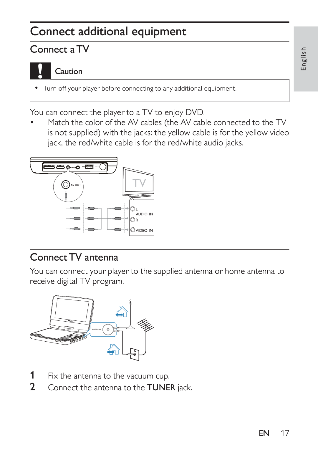 Philips PET748/58 user manual Connect additional equipment, Connect a TV, Connect TV antenna 