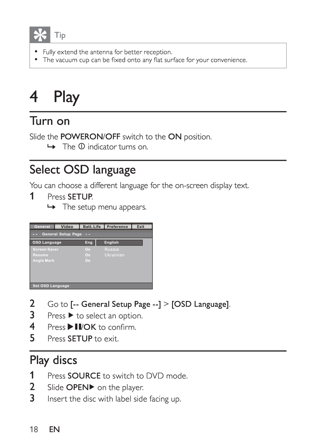 Philips PET748/58 user manual Turn on, Select OSD language, Play discs 