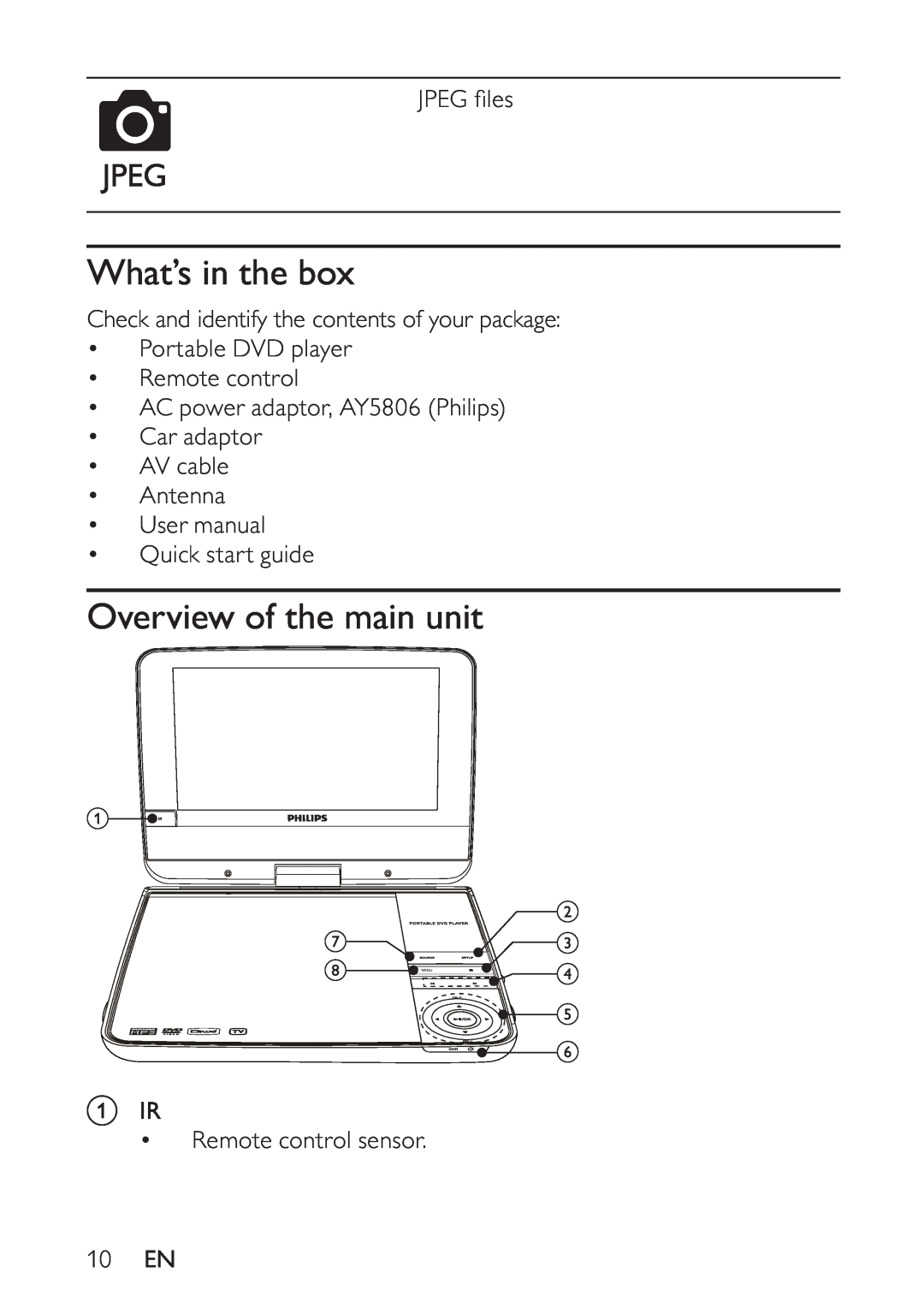 Philips PET748 What’s in the box, Overview of the main unit, JPEG ﬁ les, Antenna User manual Quick start guide, 10 EN 