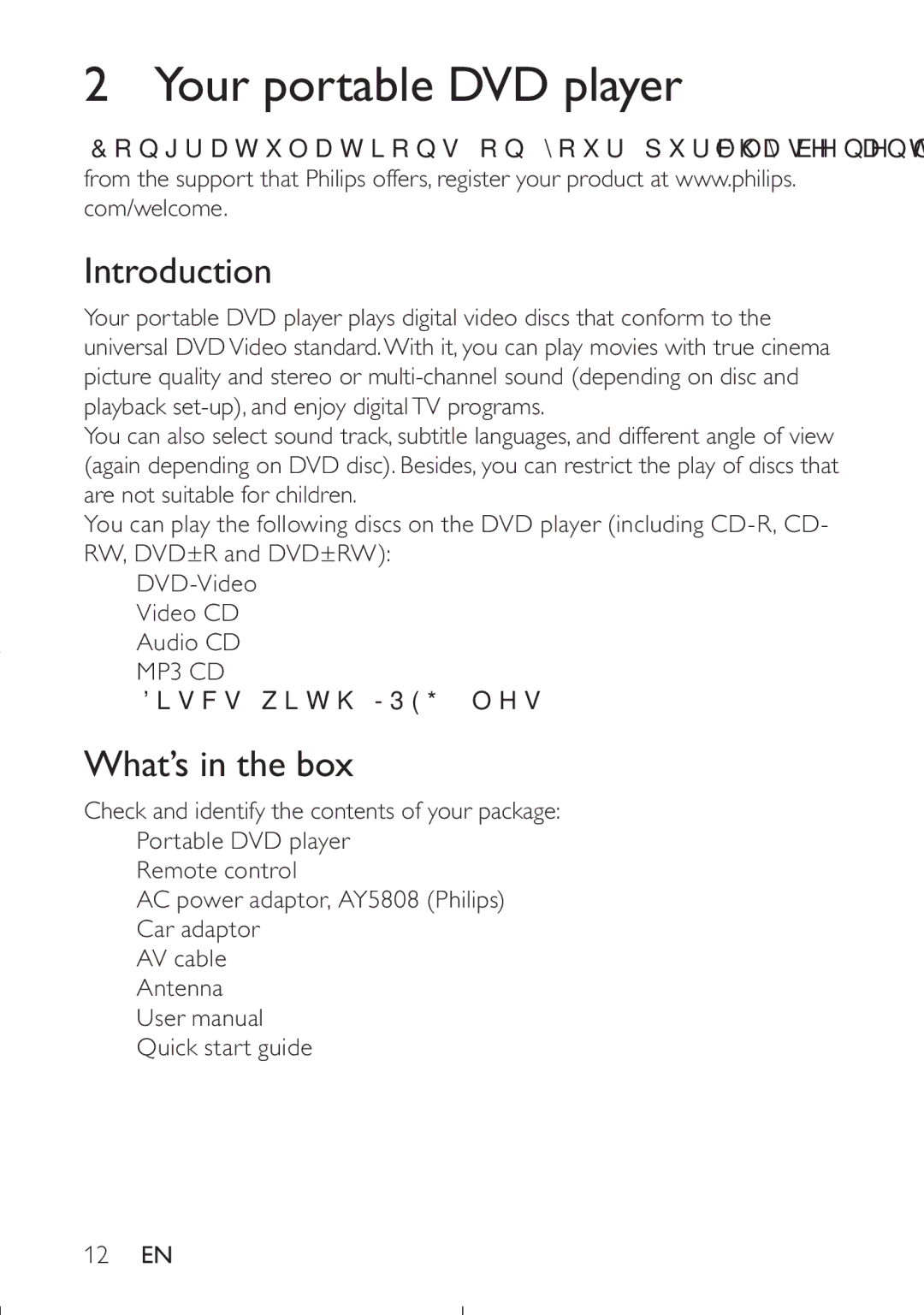 Philips PET749/37 user manual Your portable DVD player, Introduction, What’s in the box, ‡ LVFVZLWK-3*ÀOHV 