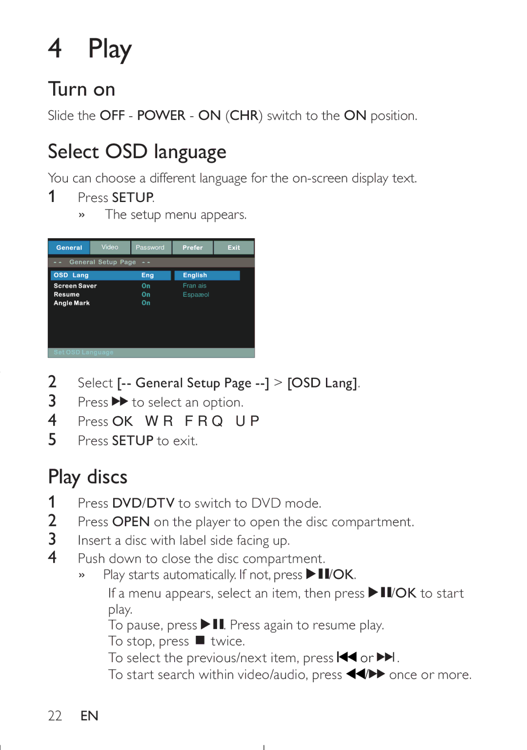 Philips PET749/37 user manual Turn on, Select OSD language, Play discs 