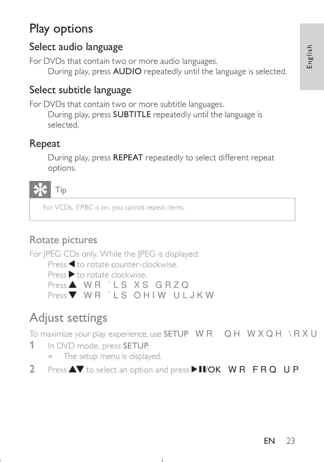 Philips PET749/37 user manual Play options, Adjust settings 