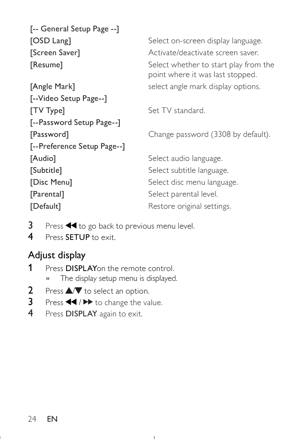 Philips PET749/37 user manual Adjust display 