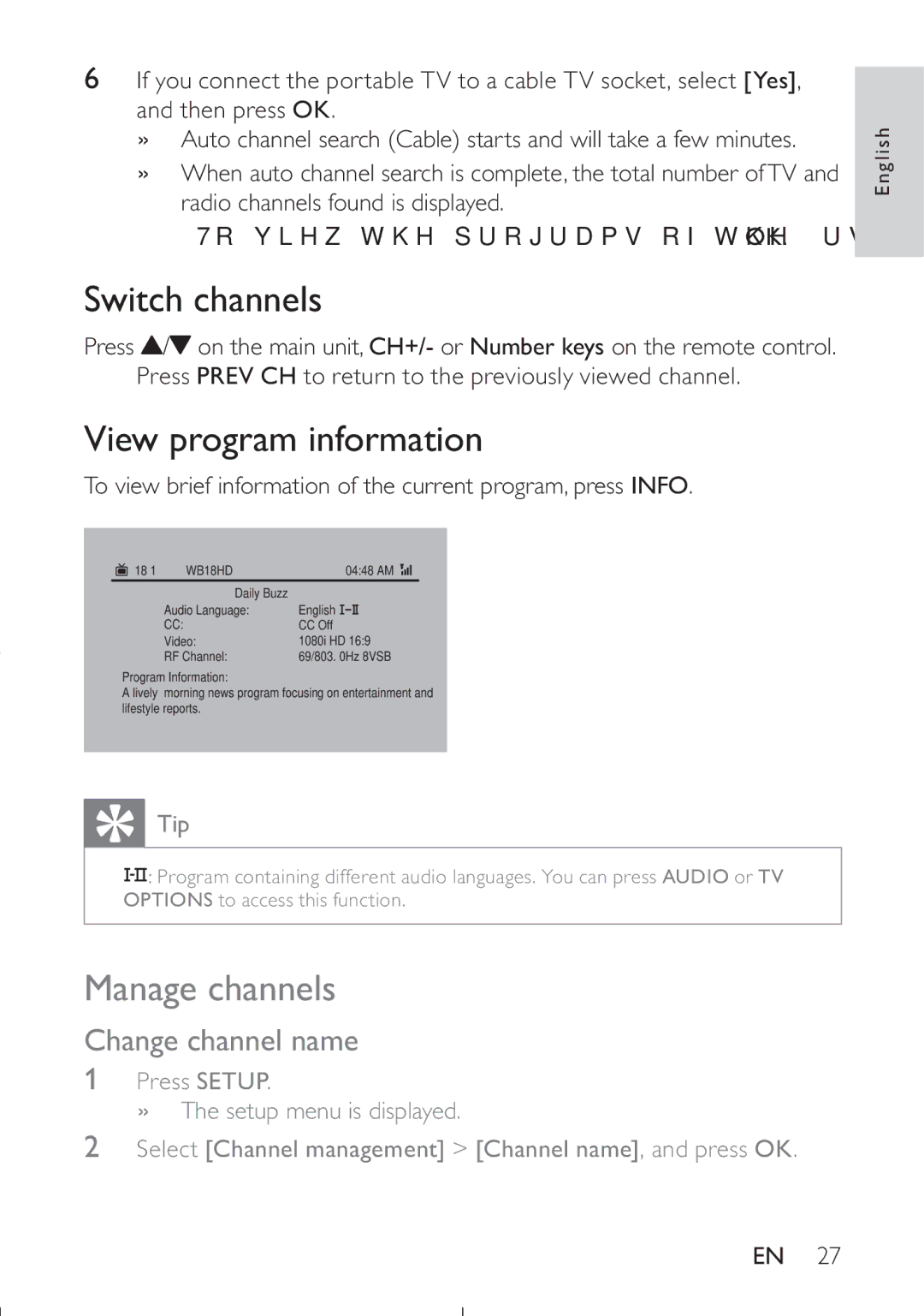 Philips PET749/37 user manual Switch channels, View program information, Manage channels, Change channel name 