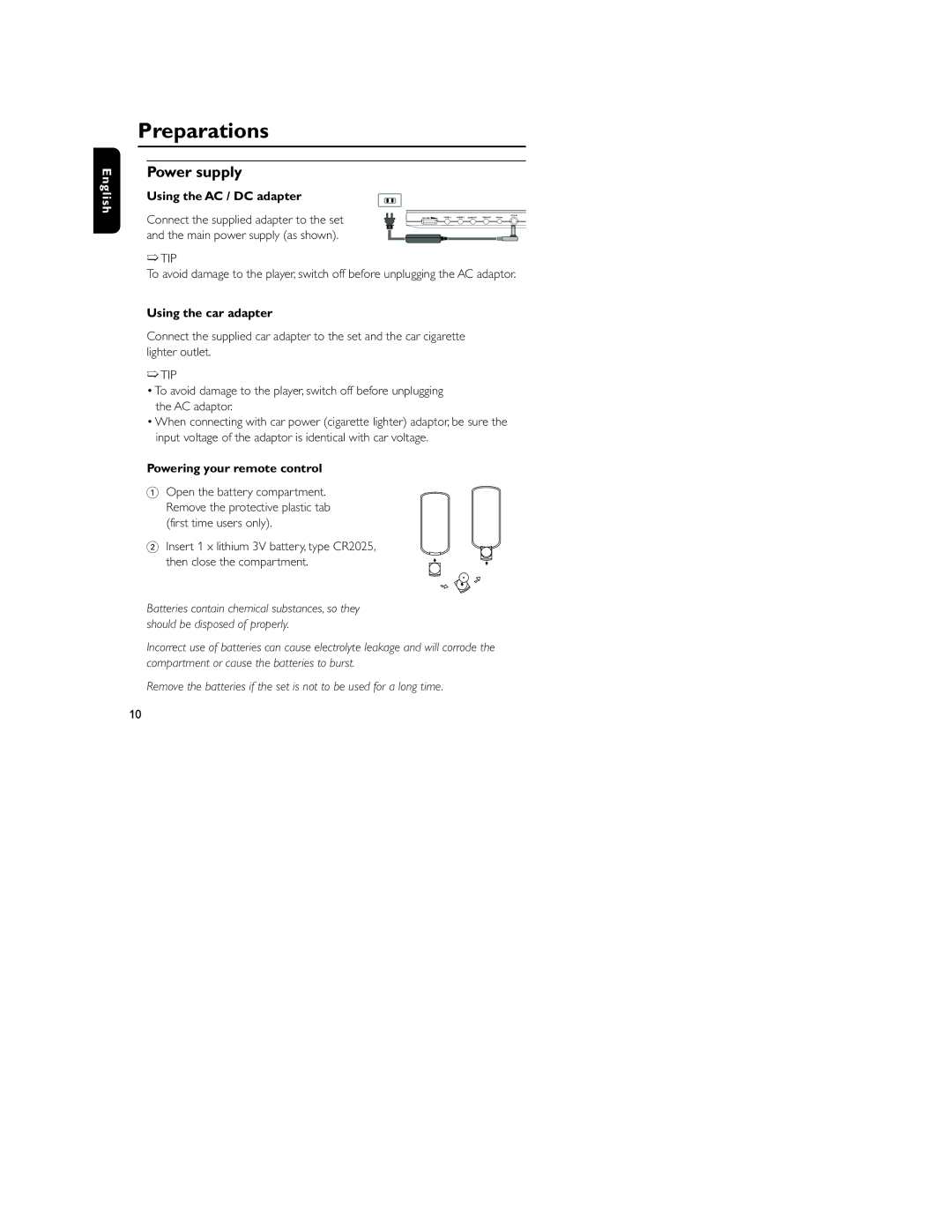 Philips PET805/37B user manual Preparations, Power supply, Using the AC / DC adapter, Using the car adapter 