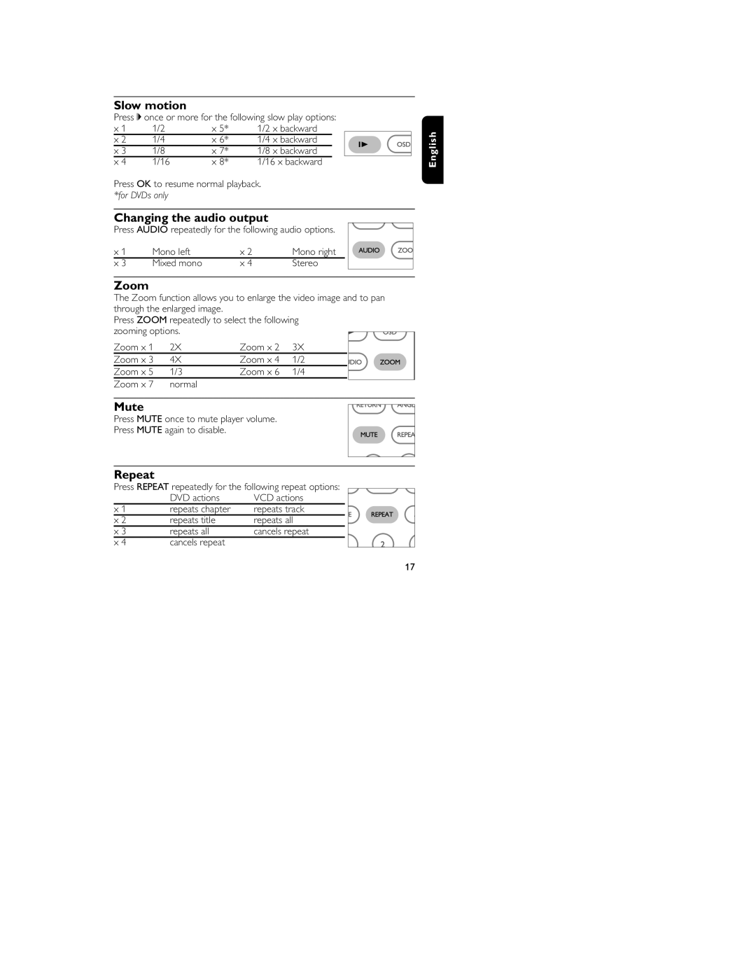 Philips PET805/37B user manual Slow motion, Changing the audio output, Zoom, Mute, Repeat 