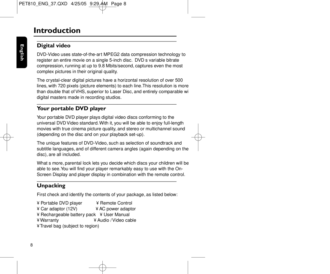 Philips PET810/37B user manual Introduction, Digital video, Your portable DVD player, Unpacking 