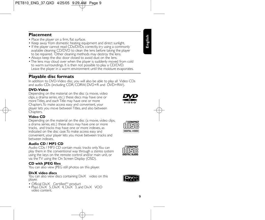 Philips PET810/37B user manual Placement, Playable disc formats 