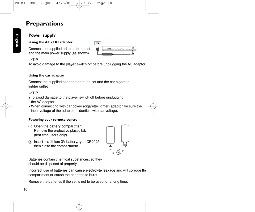 Philips PET810/37B user manual Preparations, Power supply, Using the AC / DC adapter, Using the car adapter 