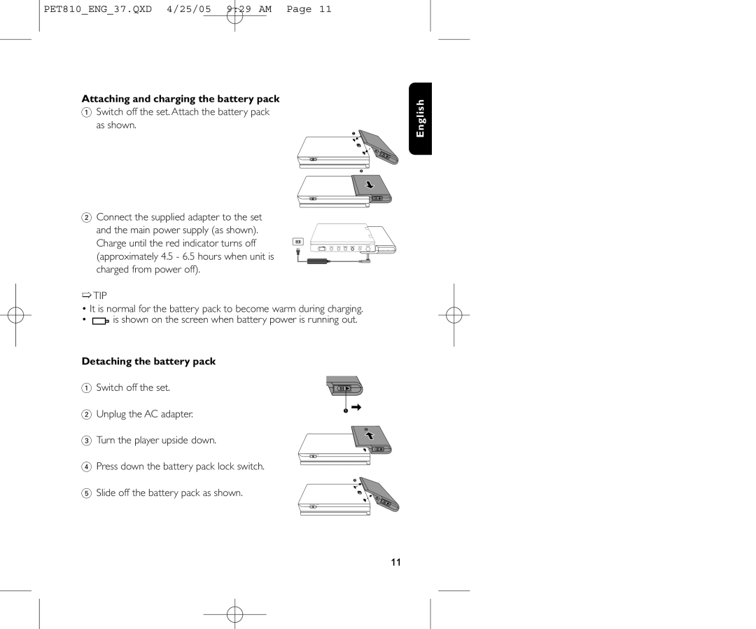 Philips PET810/37B user manual Attaching and charging the battery pack, Detaching the battery pack 