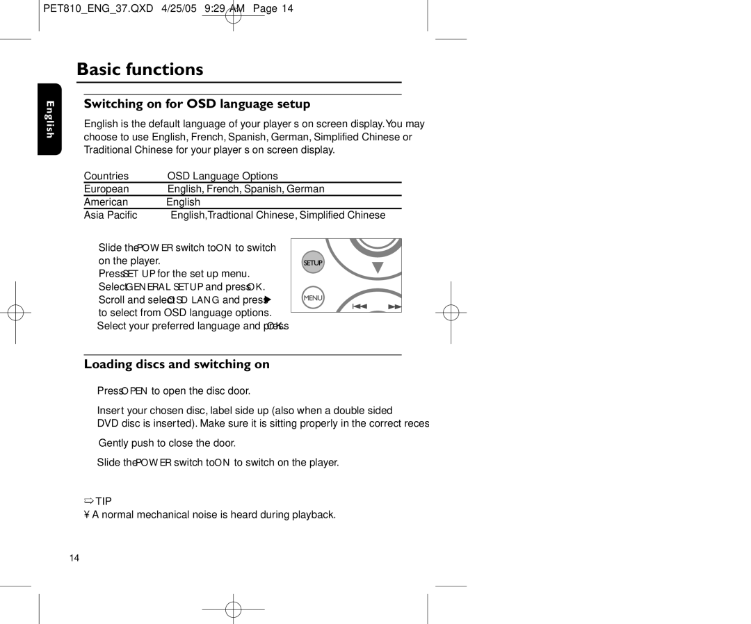 Philips PET810/37B user manual Basic functions, Switching on for OSD language setup, Loading discs and switching on 