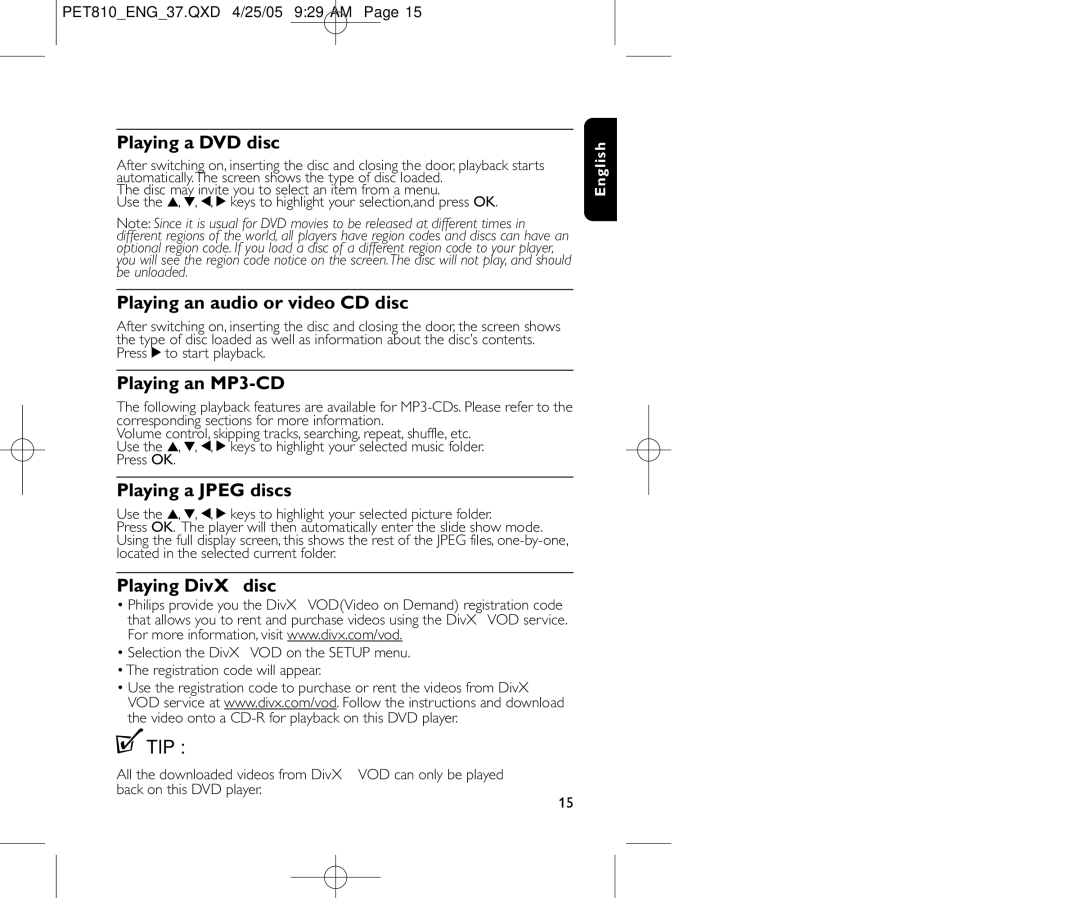 Philips PET810/37B Playing a DVD disc, Playing an audio or video CD disc, Playing an MP3-CD, Playing a Jpeg discs, Disc 