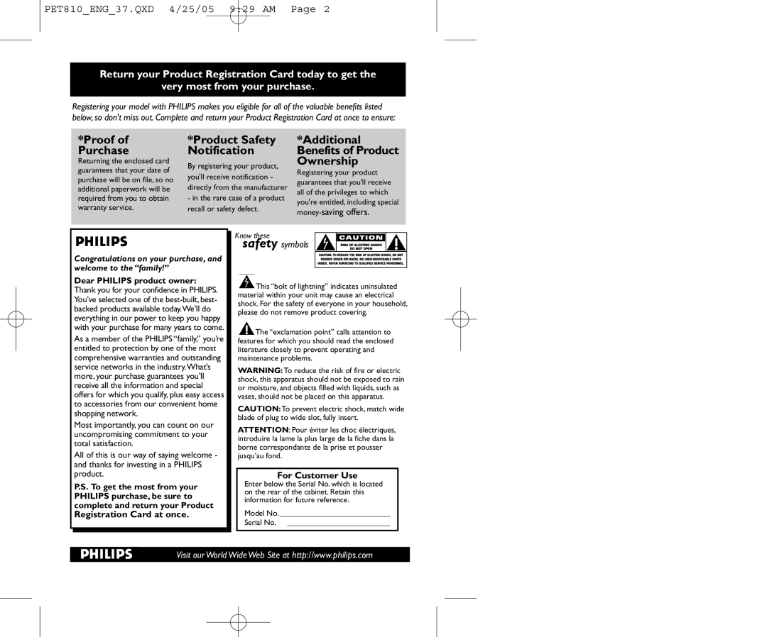 Philips PET810/37B user manual Proof of Purchase, Additional Benefits of Product Ownership 