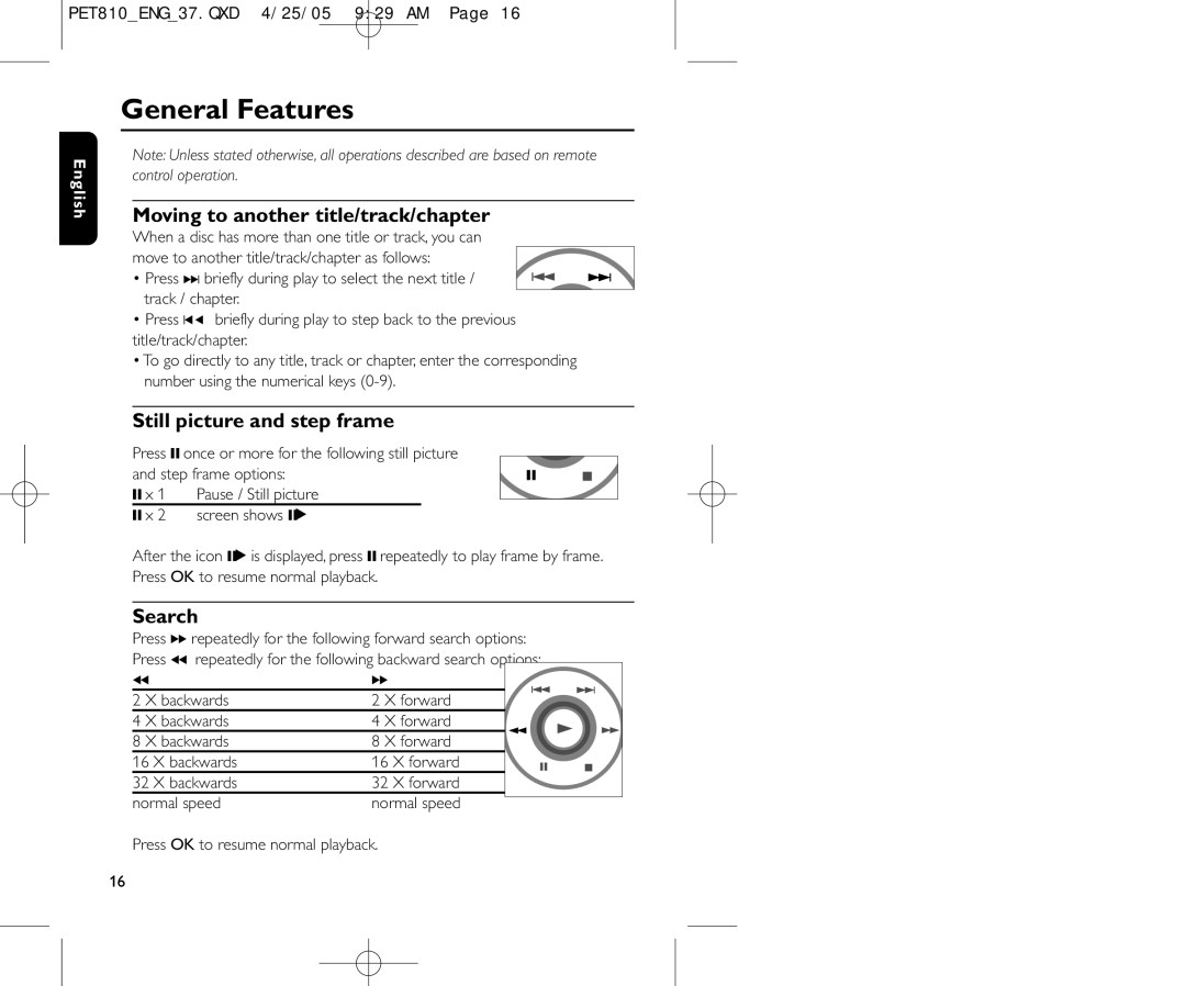 Philips PET810/37B General Features, Moving to another title/track/chapter, Still picture and step frame, Search 