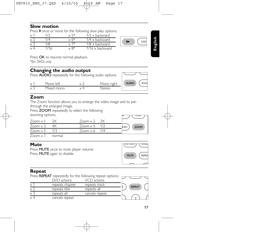 Philips PET810/37B user manual Slow motion, Changing the audio output, Zoom, Mute, Repeat 