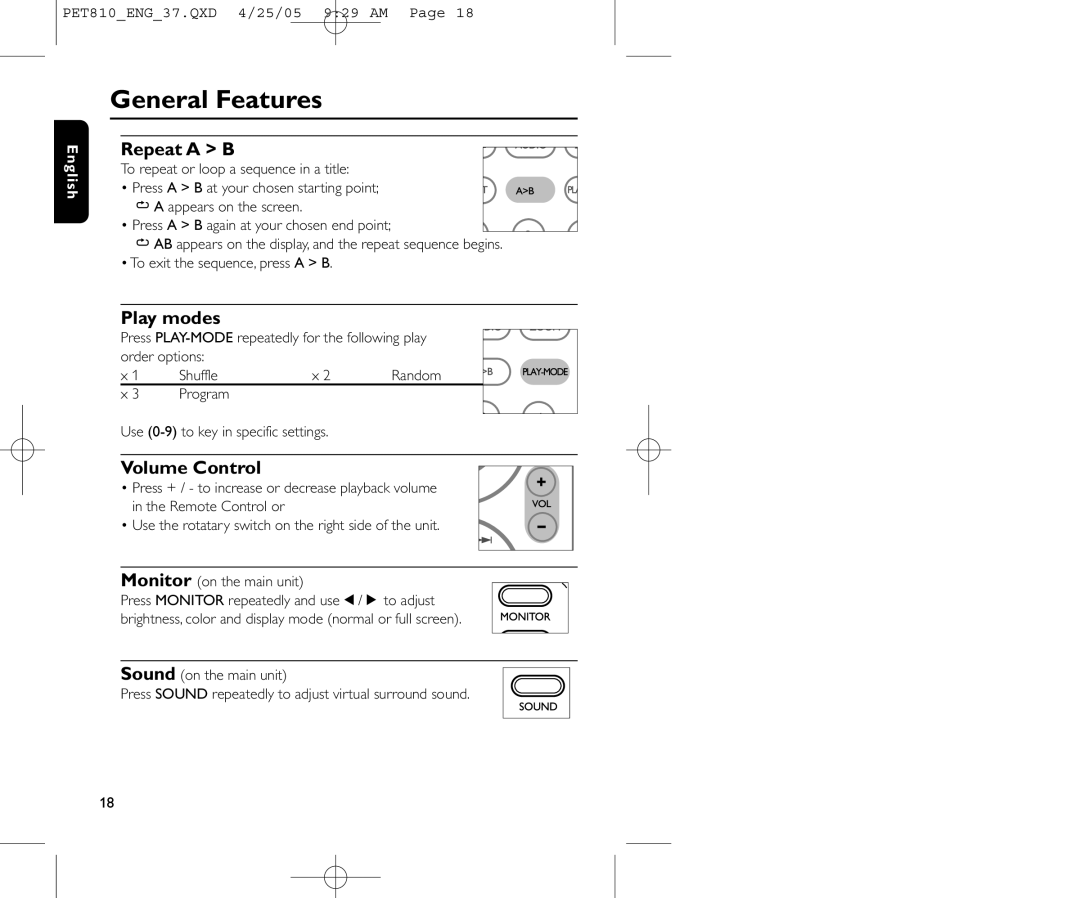 Philips PET810/37B user manual Repeat a B, Play modes, Volume Control 