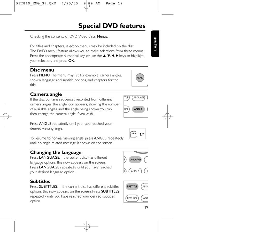 Philips PET810/37B user manual Special DVD features, Disc menu, Camera angle, Changing the language, Subtitles 