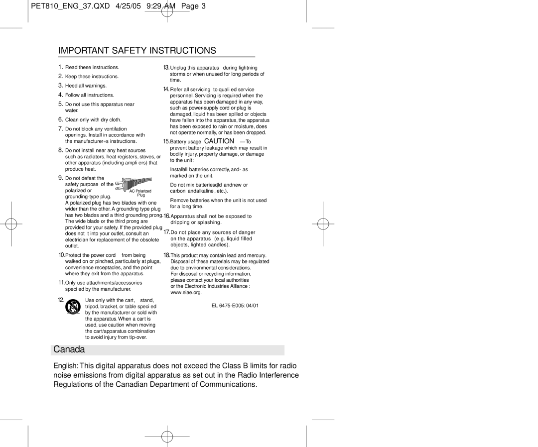 Philips PET810/37B user manual Important Safety Instructions, Canada 