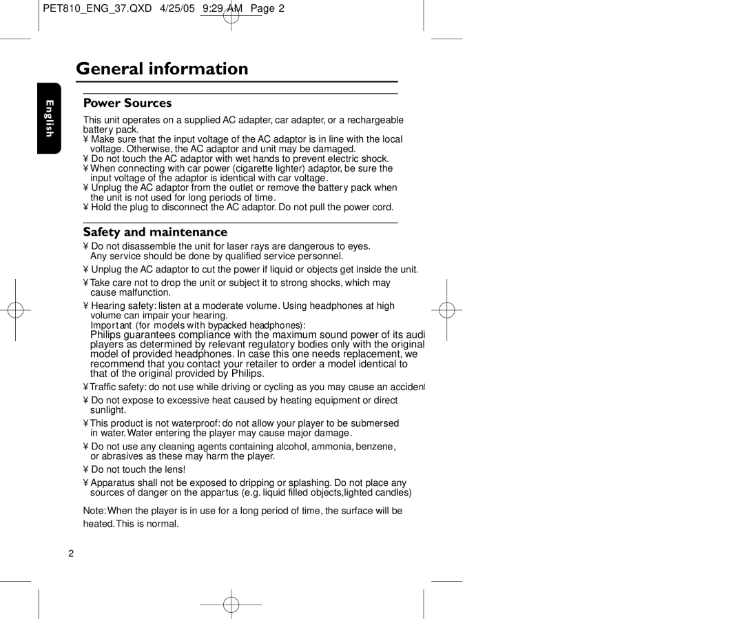 Philips PET810/37B user manual General information, Power Sources, Safety and maintenance 