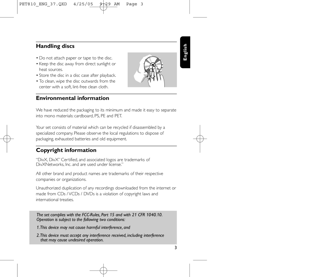 Philips PET810/37B user manual Handling discs, Environmental information, Copyright information 