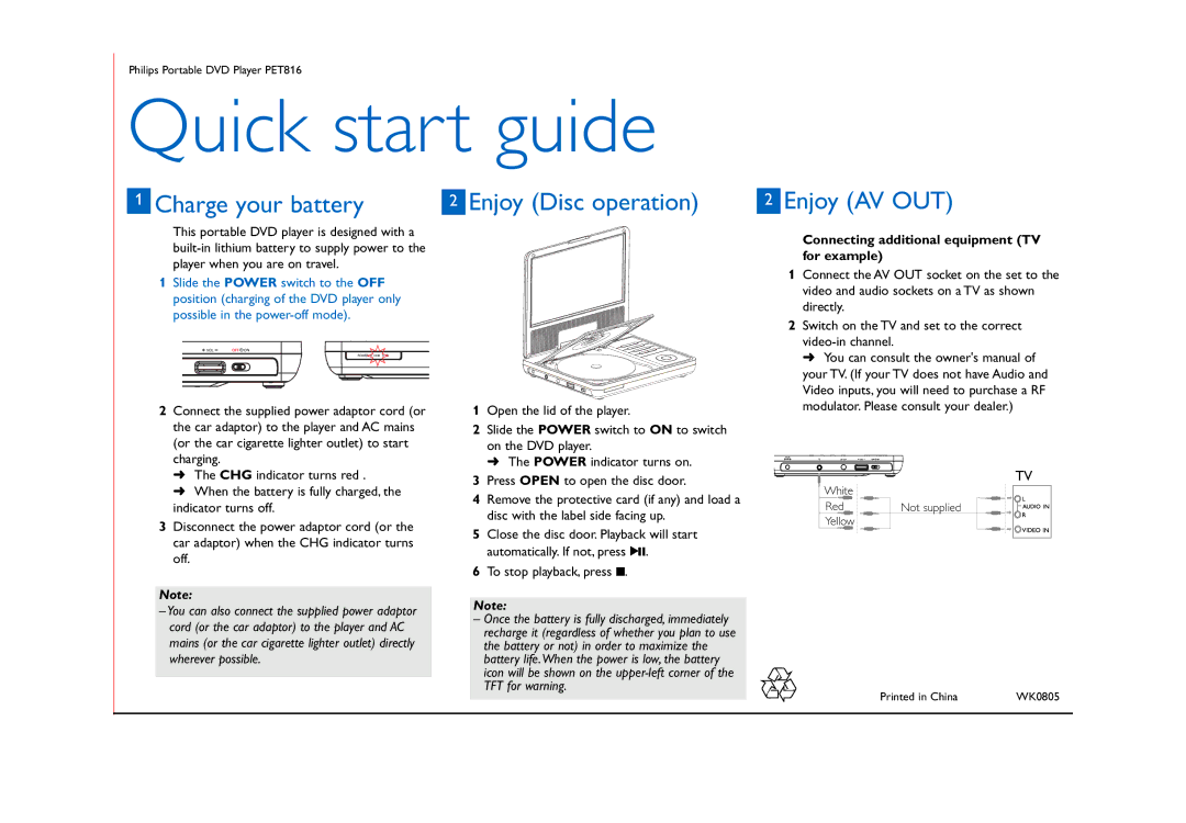 Philips PET816/93 quick start Quick start guide, Charge your battery, Enjoy AV OUT 