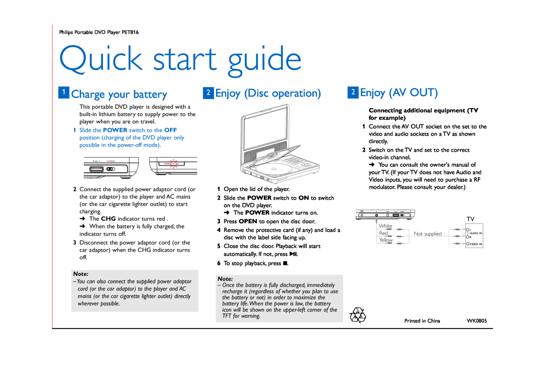 Philips PET816/93 quick start Quick start guide, Charge your battery, Enjoy AV OUT, Enjoy Disc operation 