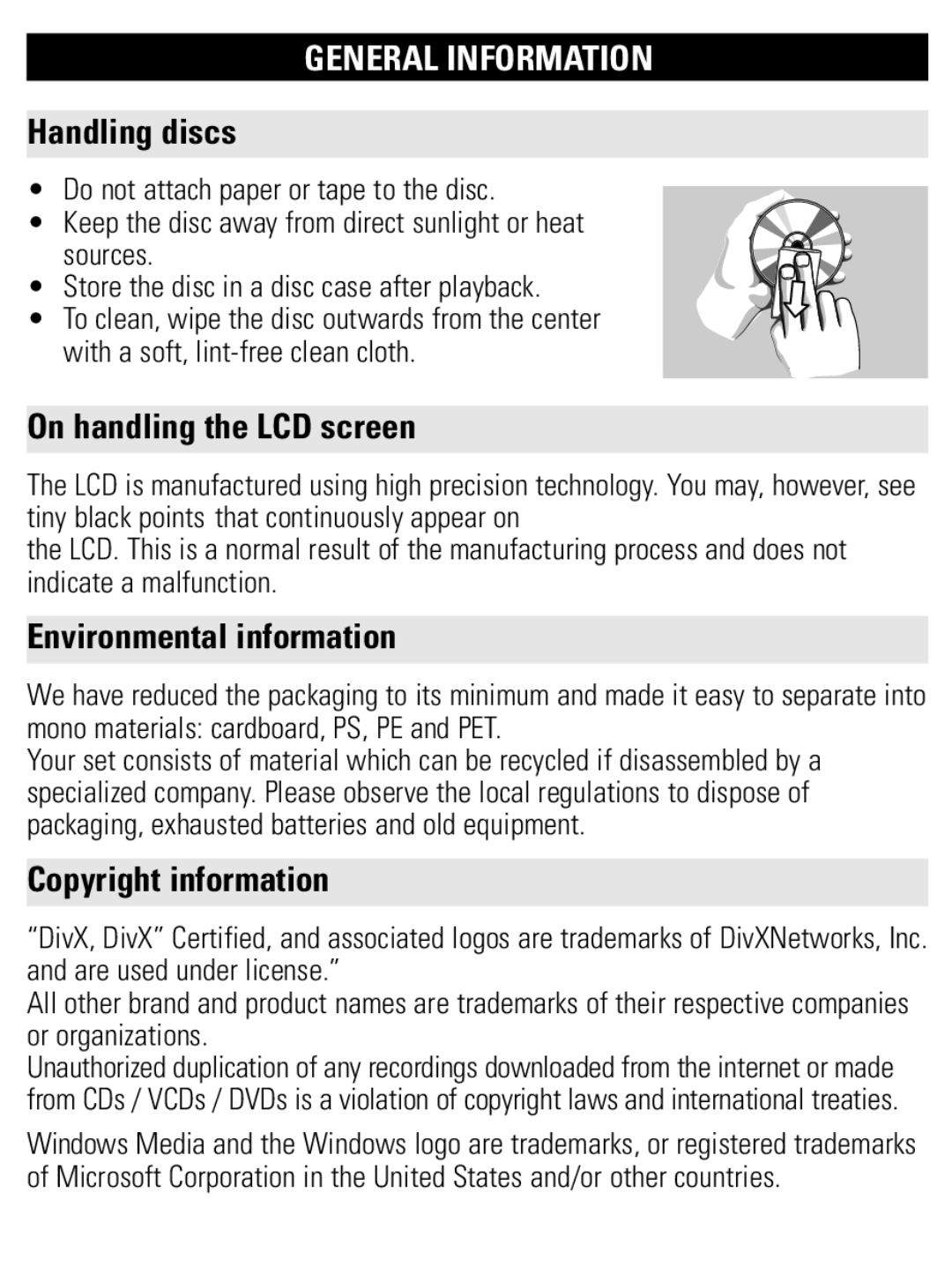 Philips PET821 PET825 Handling discs, On handling the LCD screen, Environmental information, Copyright information 