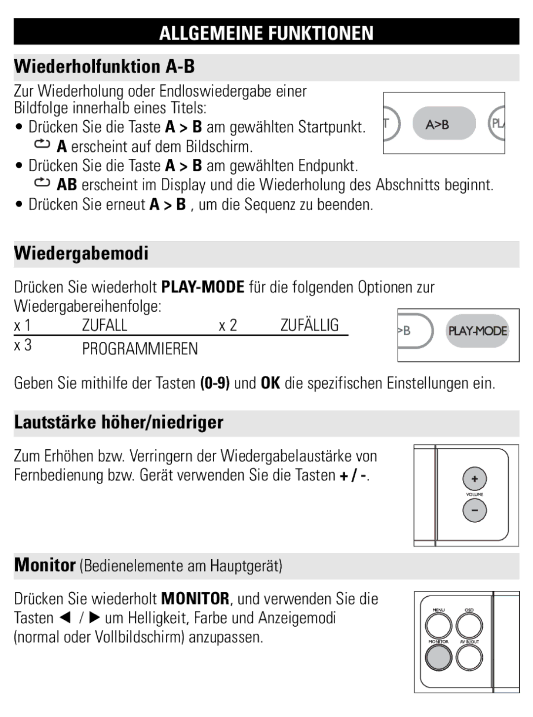 Philips PET821 PET825 user manual Wiederholfunktion A-B, Wiedergabemodi, Lautstärke höher/niedriger, Zufall 