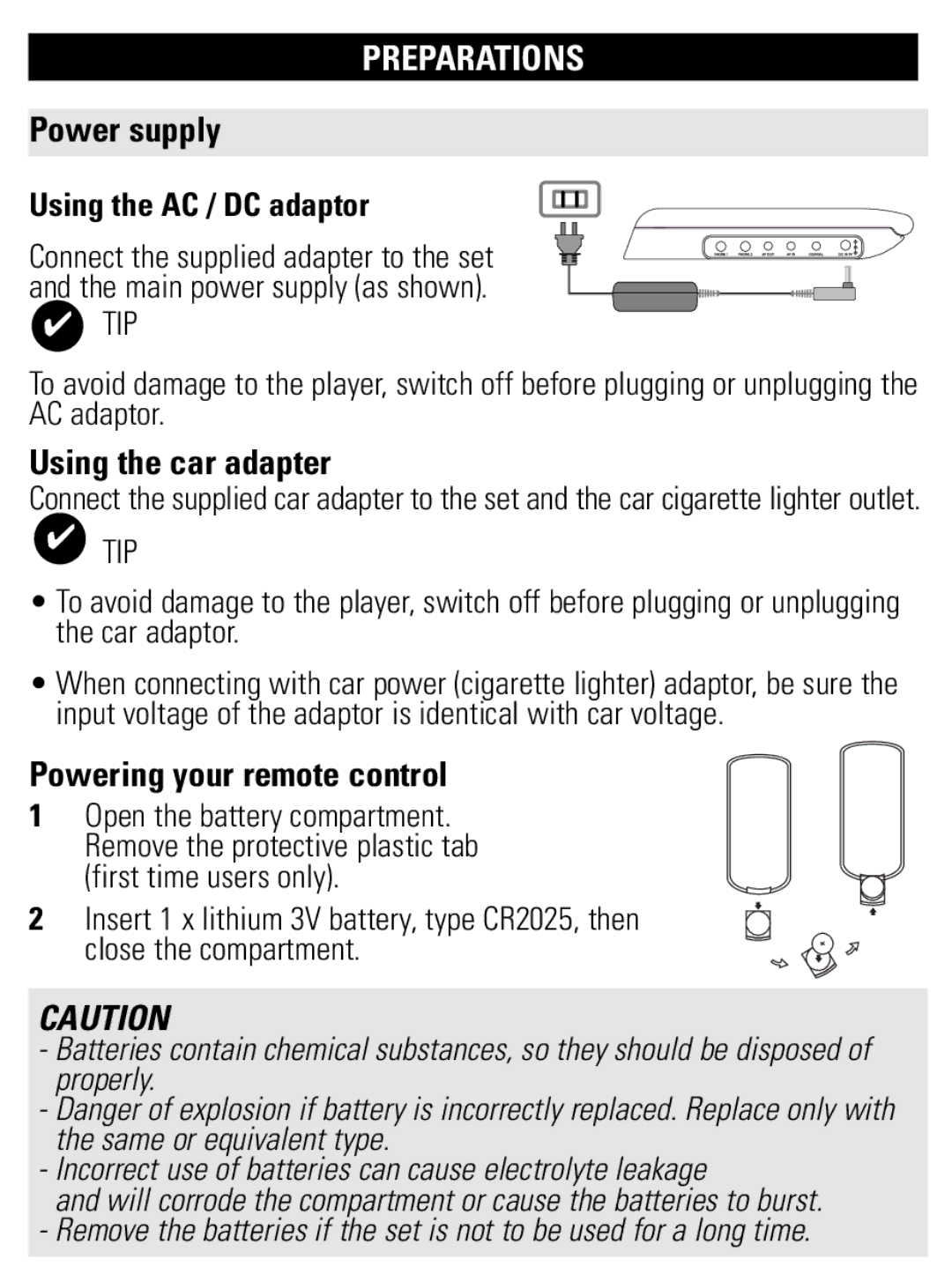 Philips PET821 PET825 user manual Preparations, Power supply, Using the car adapter, Powering your remote control 