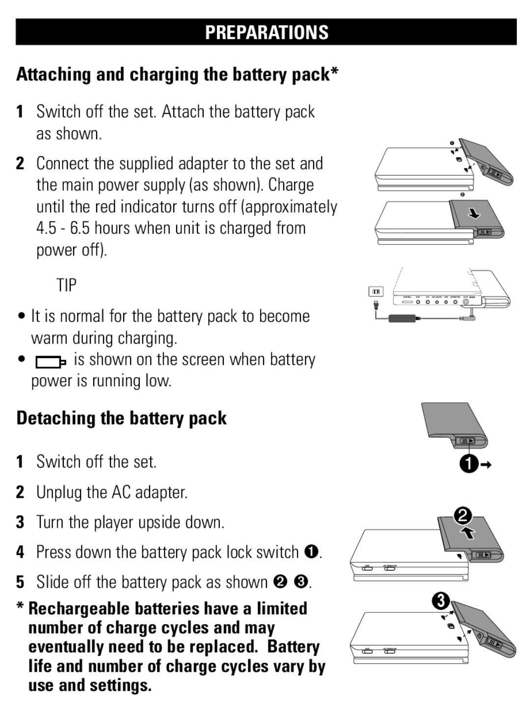 Philips PET821 PET825 user manual Attaching and charging the battery pack, Detaching the battery pack 