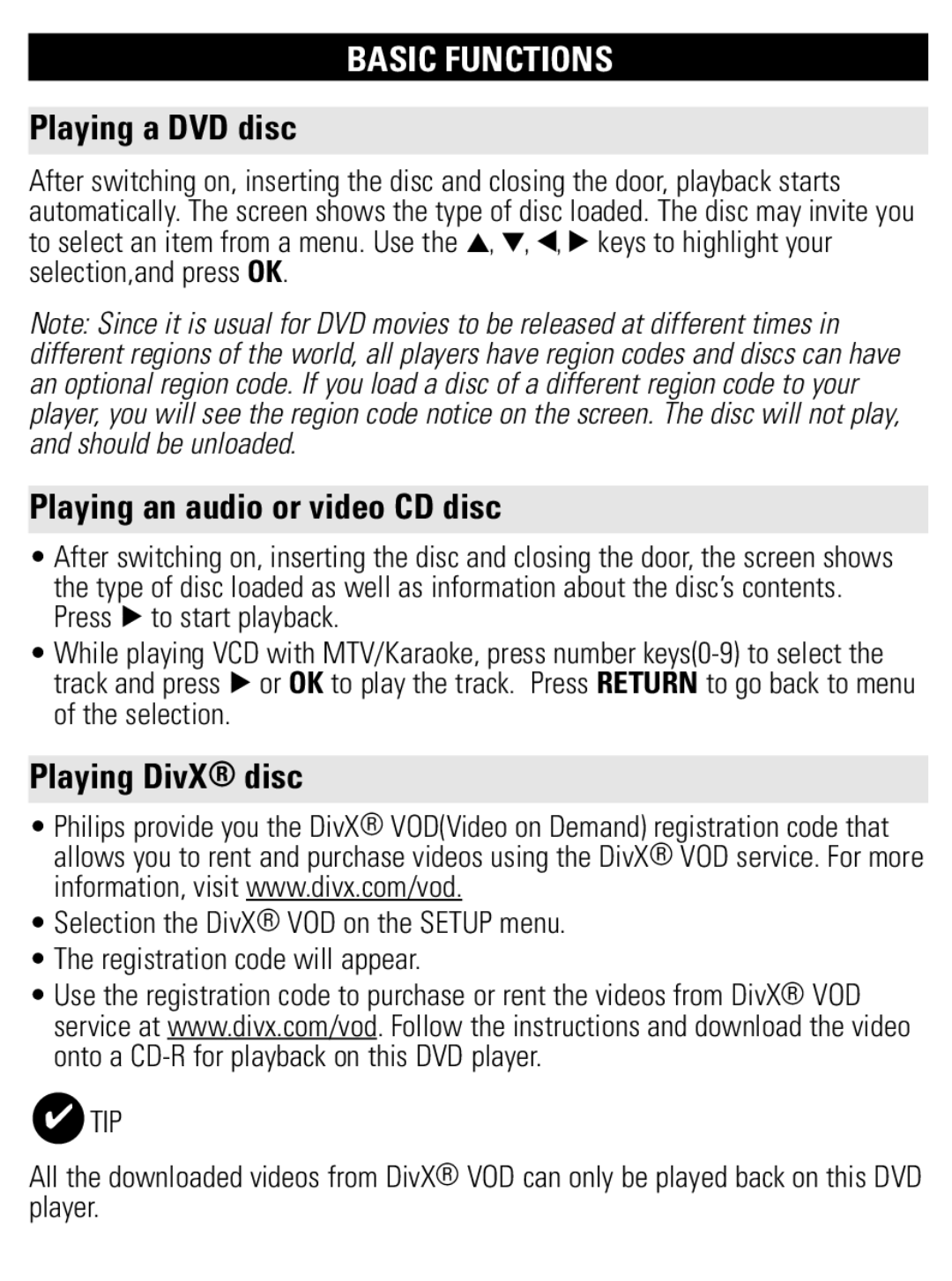 Philips PET821 PET825 user manual Playing a DVD disc, Playing an audio or video CD disc, Playing DivX disc 