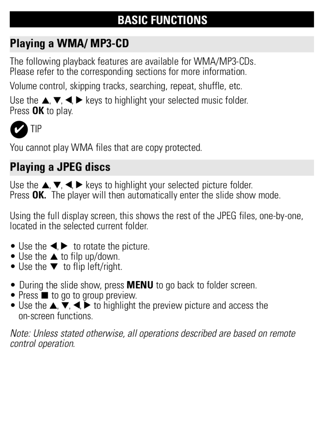 Philips PET821 PET825 Playing a WMA/ MP3-CD, Playing a Jpeg discs, You cannot play WMA files that are copy protected 