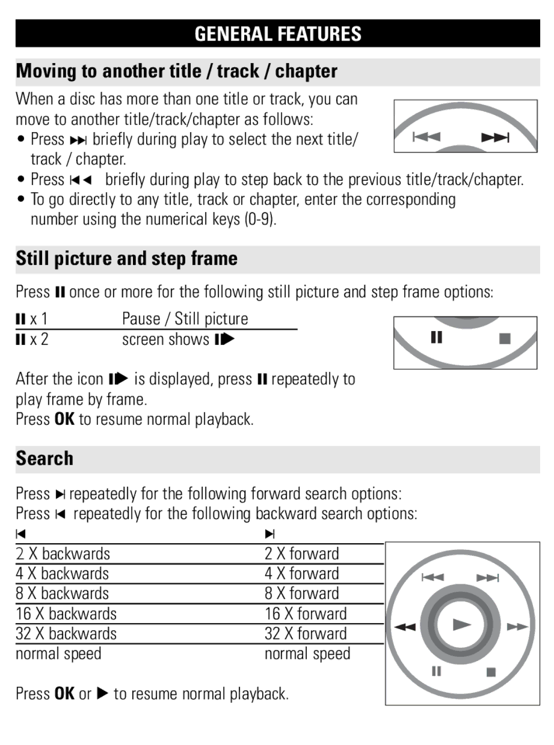 Philips PET821 PET825 General Features, Moving to another title / track / chapter, Still picture and step frame, Search 