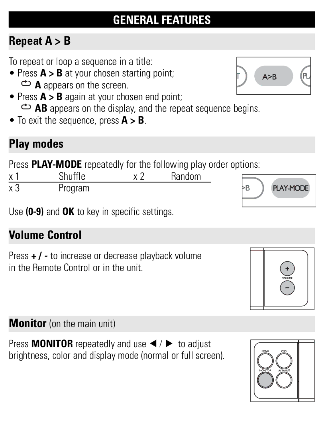 Philips PET821 PET825 user manual Repeat a B, Play modes, Volume Control, Program Use 0-9and OK to key in specific settings 