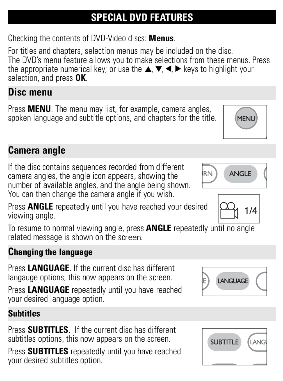 Philips PET821 PET825 user manual Special DVD Features, Disc menu, Camera angle, Changing the language, Subtitles 