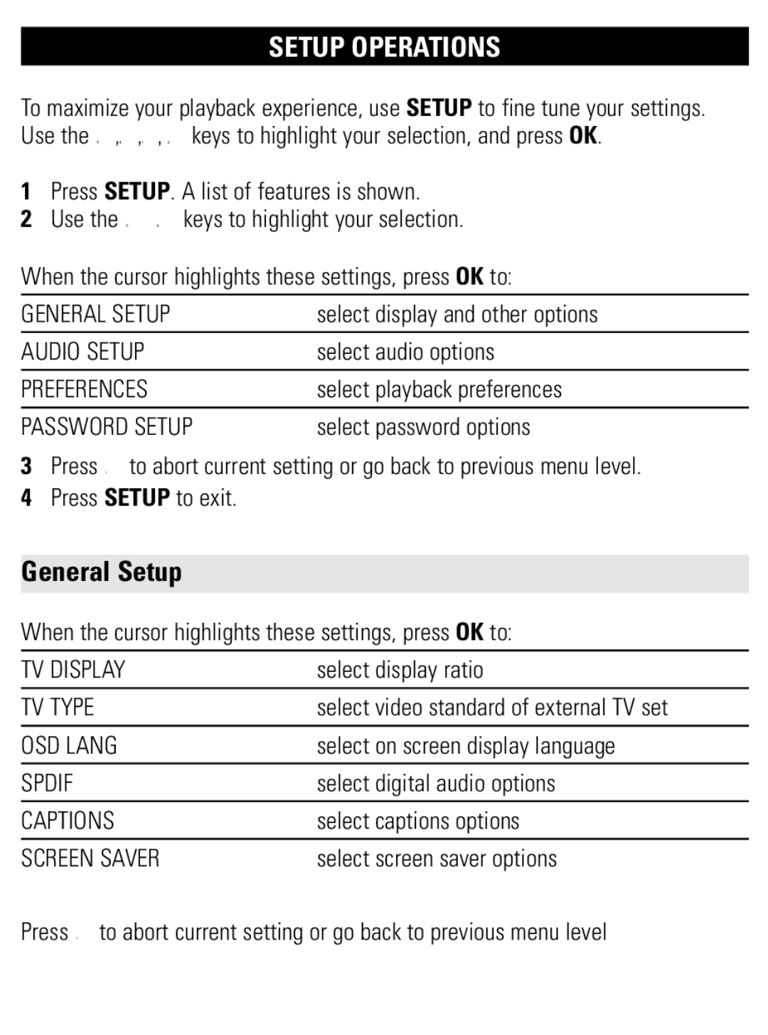 Philips PET821 PET825 user manual Setup Operations, General Setup 