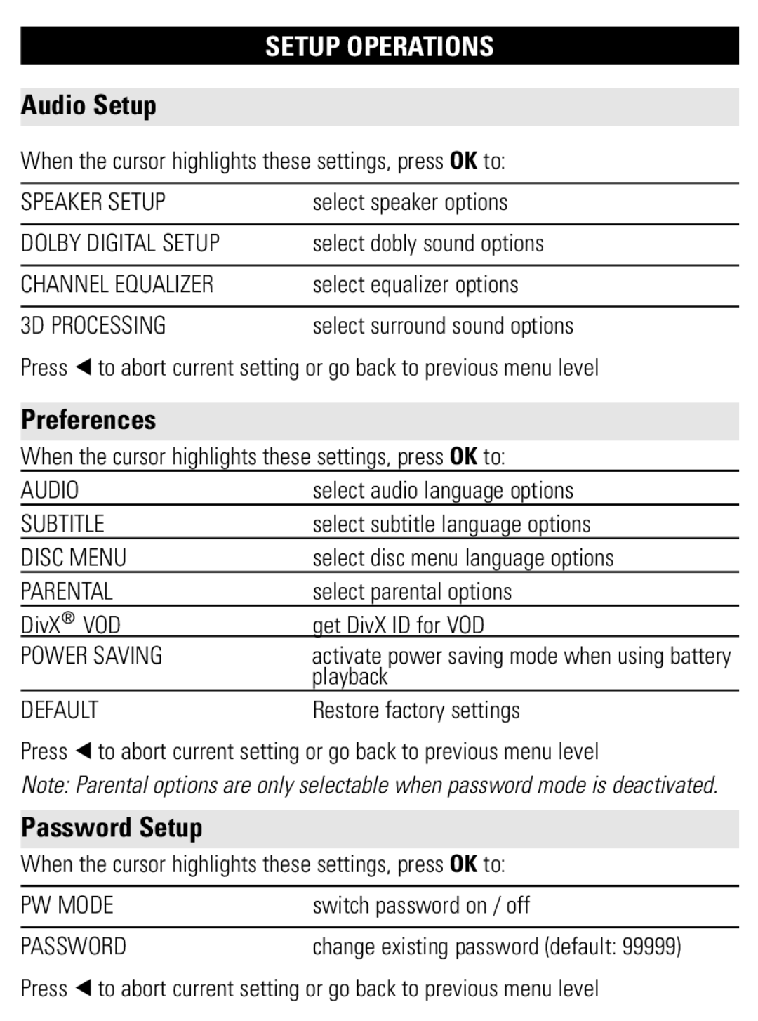 Philips PET821 PET825 user manual Audio Setup, Preferences, Password Setup 