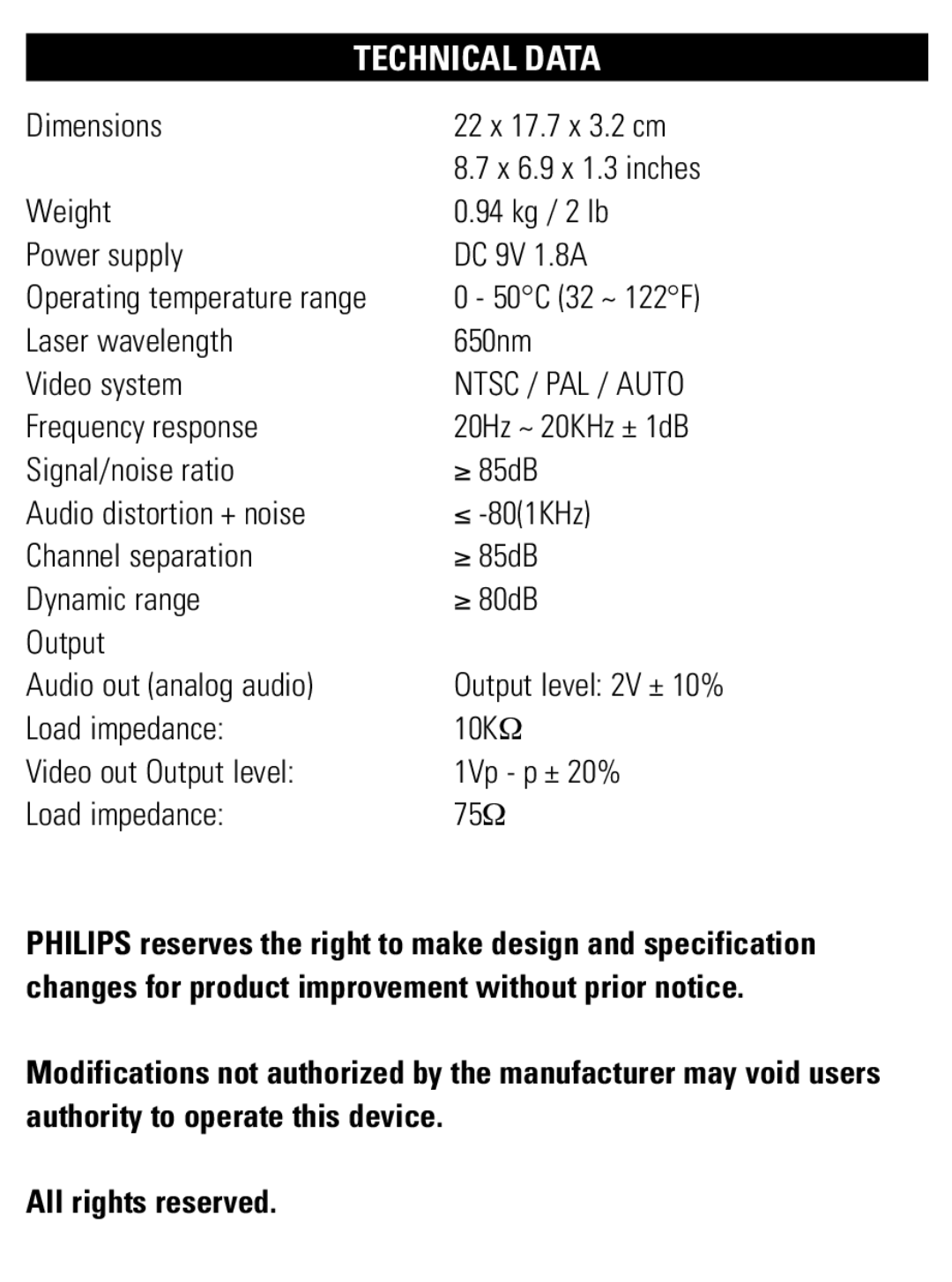 Philips PET821 PET825 user manual Technical Data, 22 x 17.7 x 3.2 cm, Operating temperature range, Ntsc / PAL / Auto 