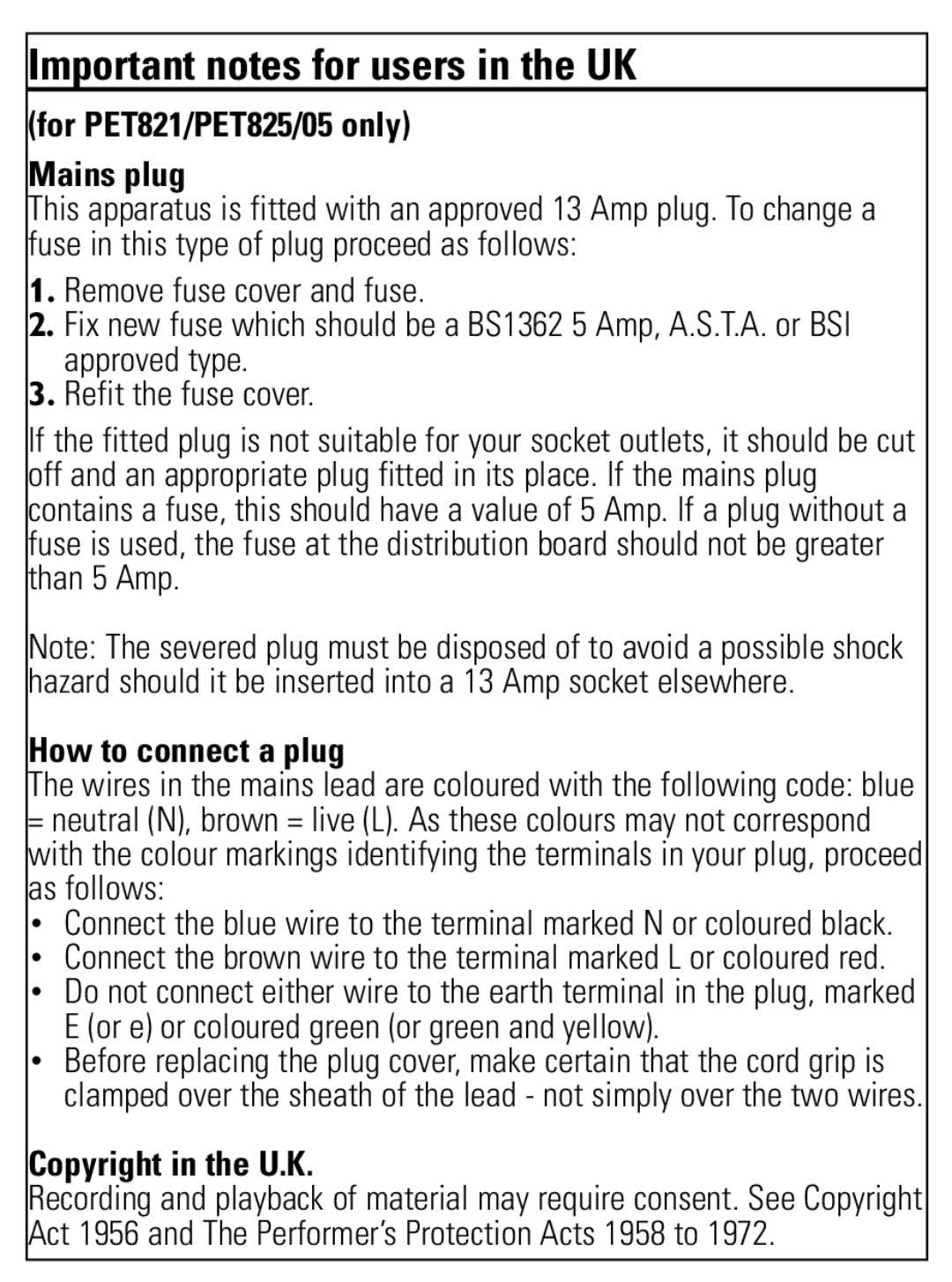 Philips PET821 PET825 user manual For PET821/PET825/05 only Mains plug, How to connect a plug, Copyright in the U.K 