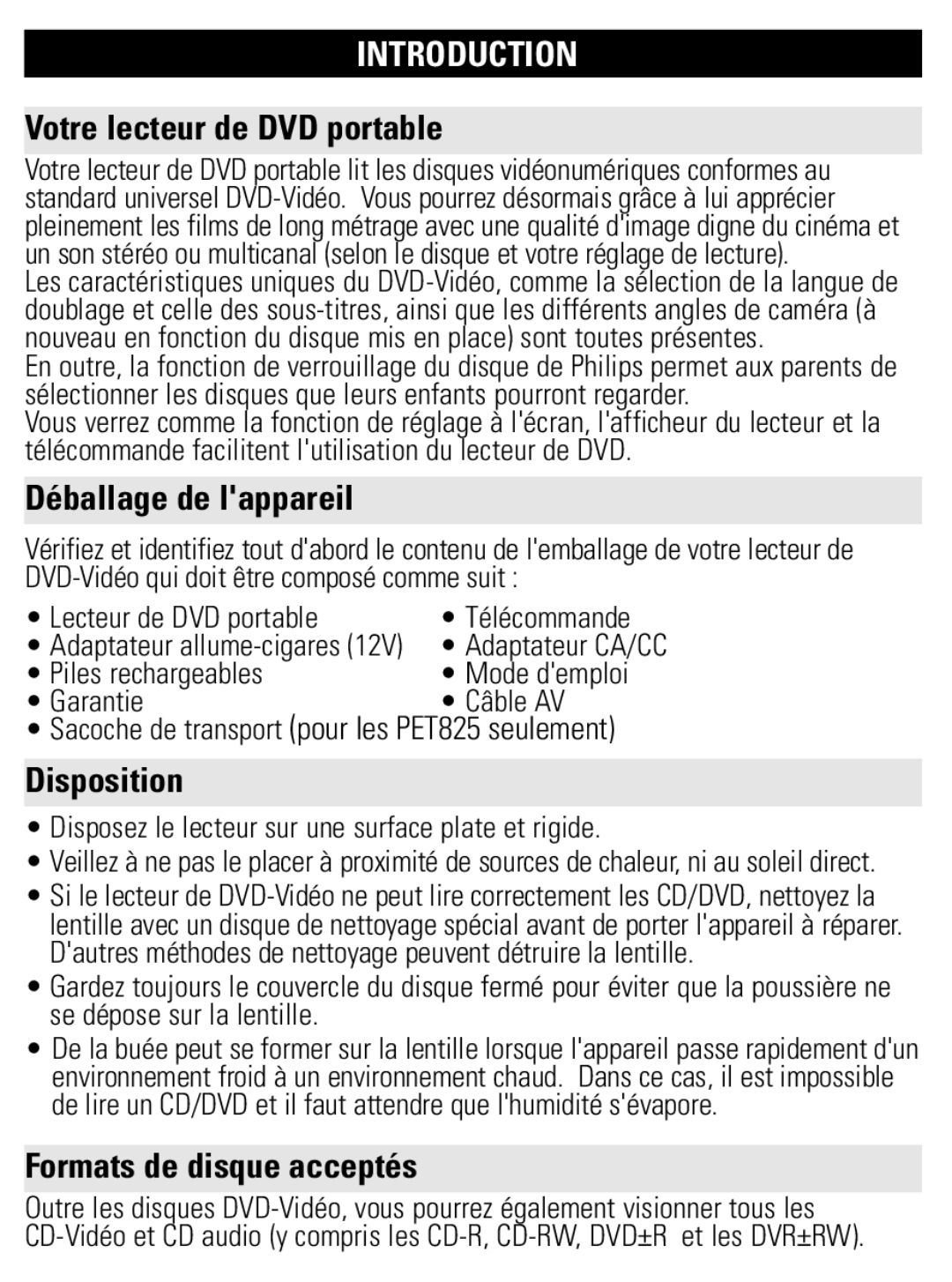 Philips PET821 PET825 Votre lecteur de DVD portable, Déballage de lappareil, Disposition, Formats de disque acceptés 