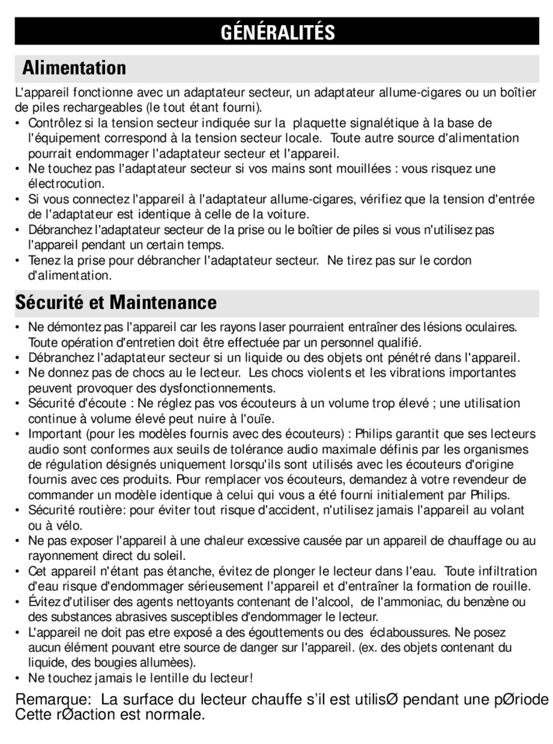 Philips PET821 PET825 user manual Généralités, Alimentation, Sécurité et Maintenance 