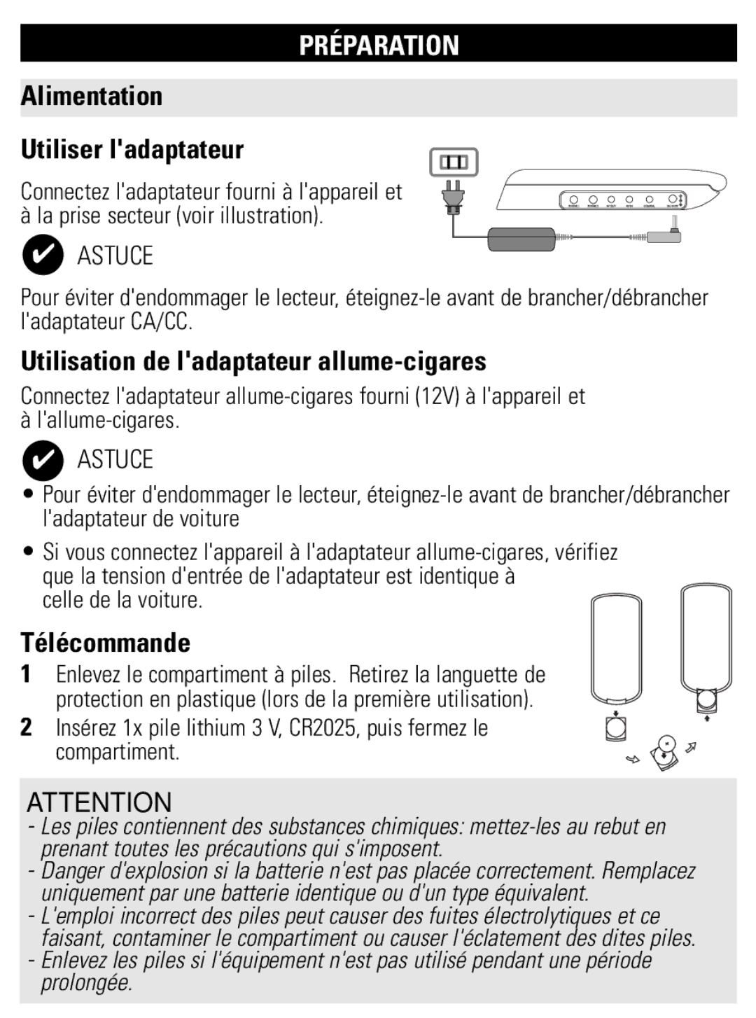 Philips PET821 PET825 user manual Préparation, Alimentation Utiliser ladaptateur, Utilisation de ladaptateur allume-cigares 