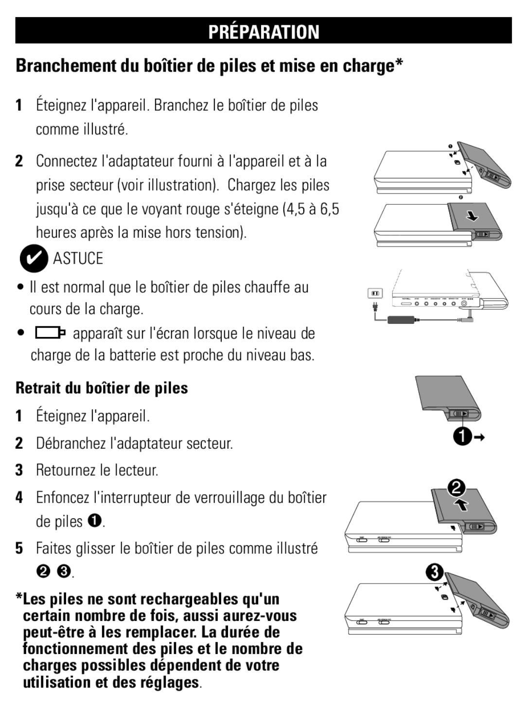 Philips PET821 PET825 user manual Branchement du boîtier de piles et mise en charge, Astuce 