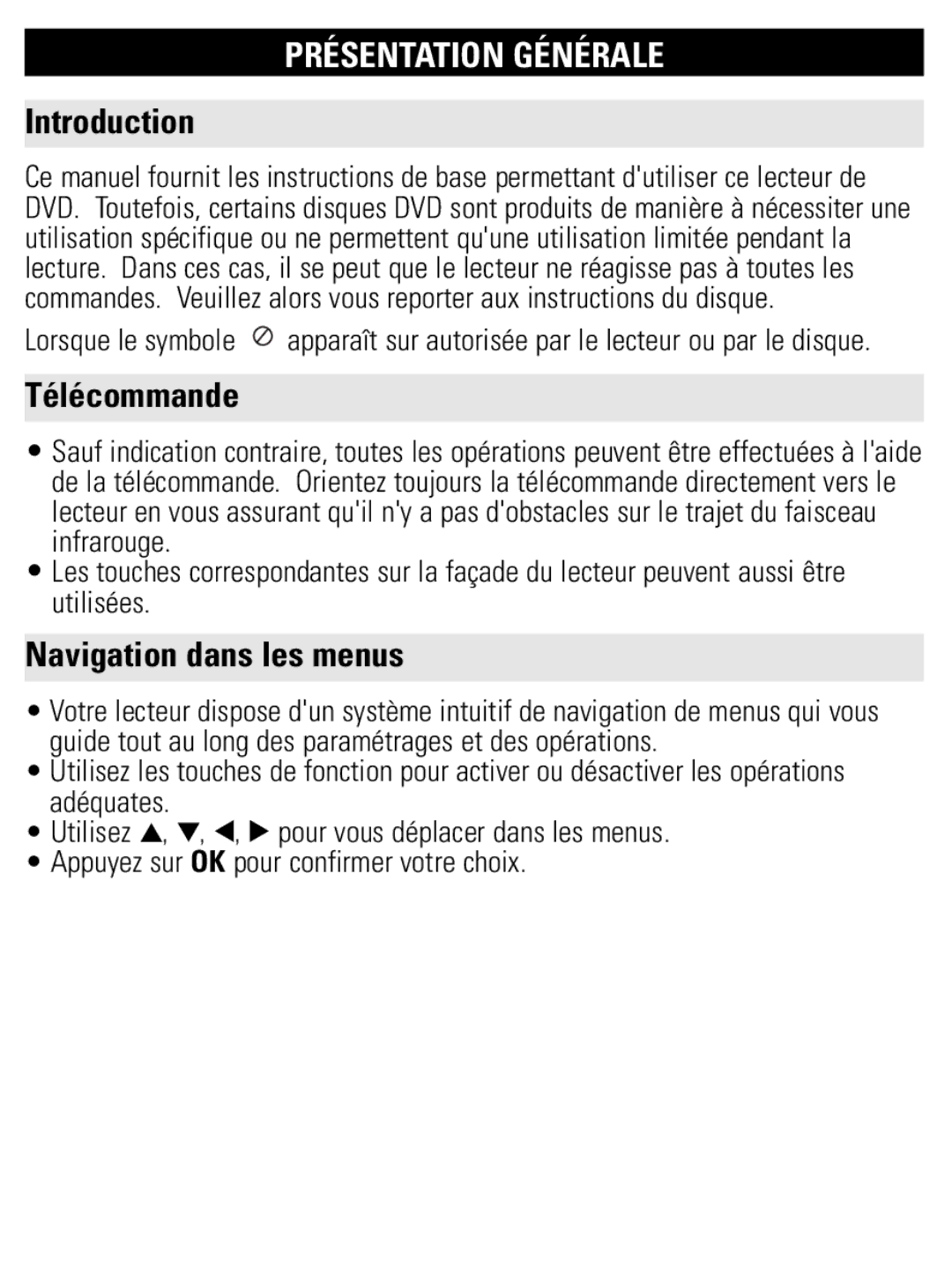 Philips PET821 PET825 user manual Présentation Générale, Introduction, Navigation dans les menus 